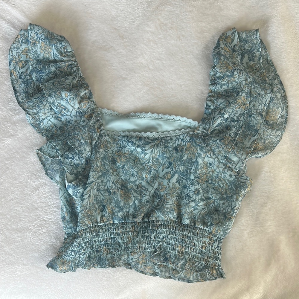 Floral Blue Ruffle Top - Picture 2 of 5